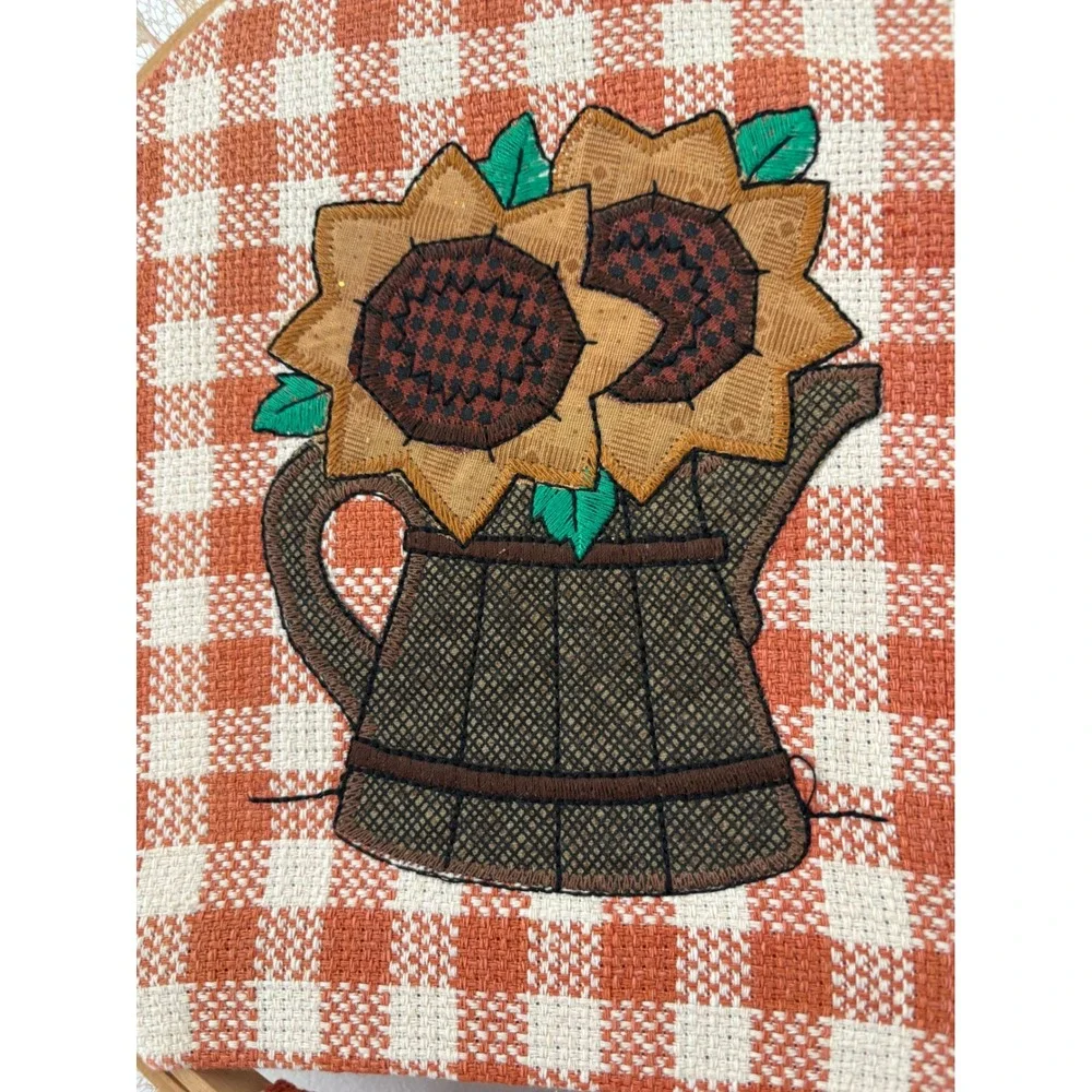 Handmade Sunflower Gingham Kitchen Towel Holder Set Orange Lace Trim Farmhouse